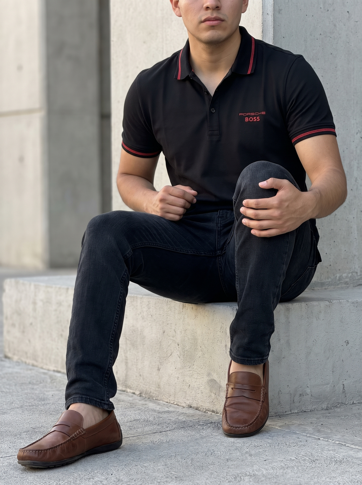 Polo BOSS Negro con Vivos Rojos - Boxroom